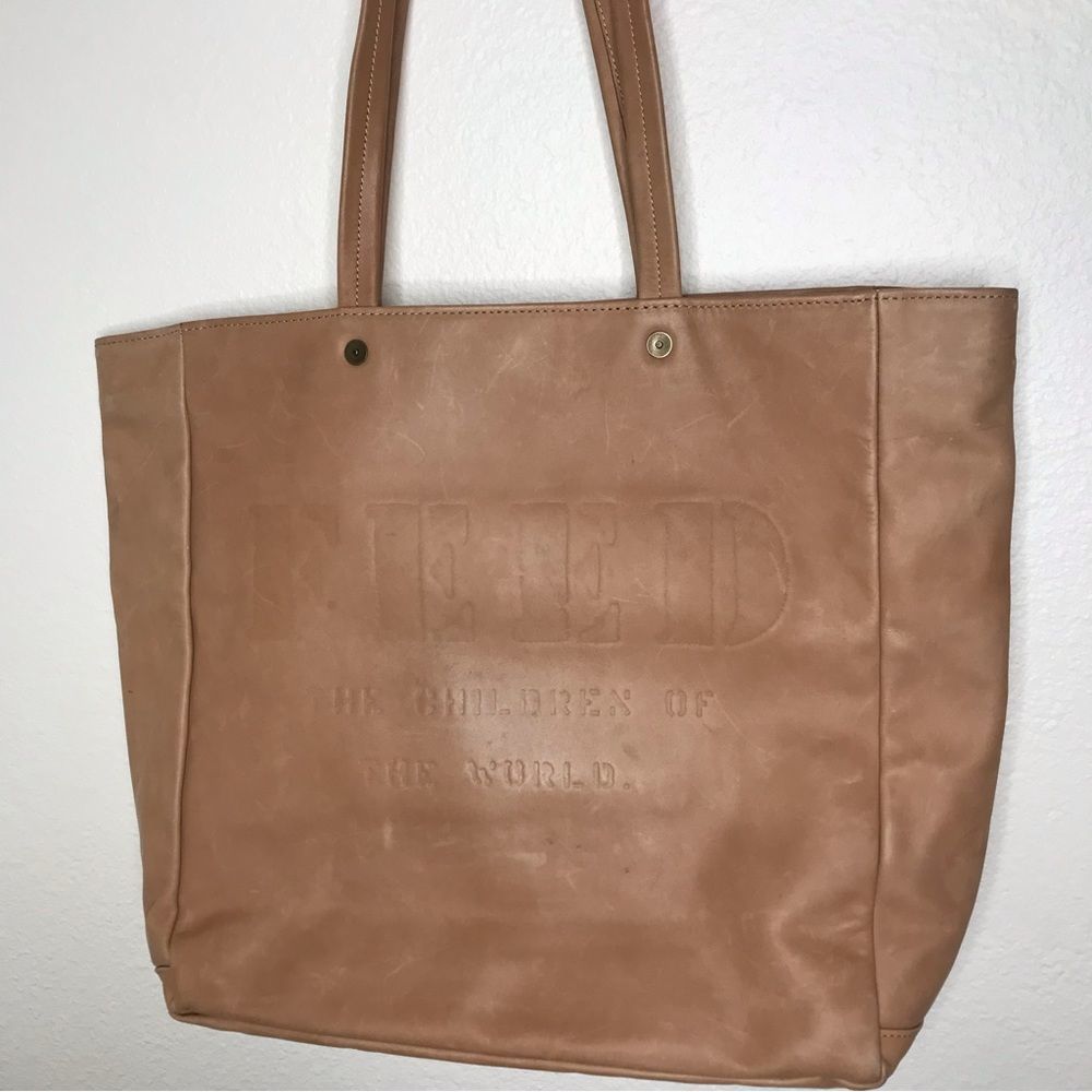 Tan Leather Tote Bag with Embossed Front